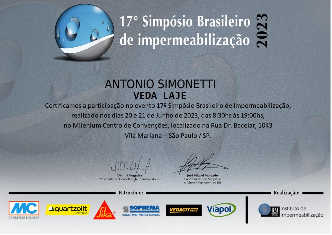 Certificado da nossa participação no 17º Simpósio do I.B.I. em 06/2023